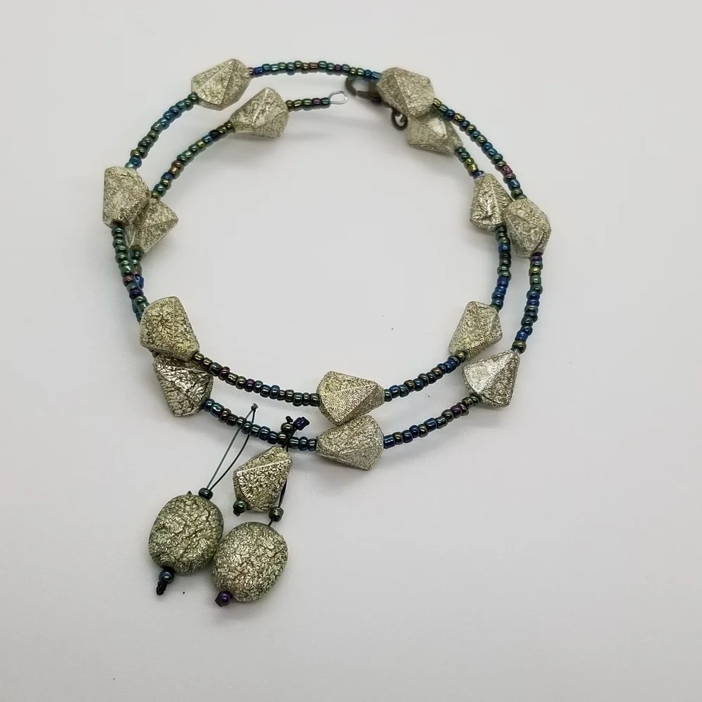 oil slick seed beed and silver wrap bracelet